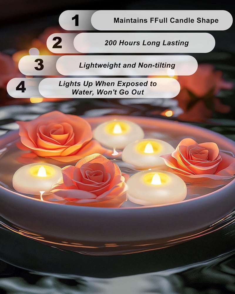 5PLOTS 24Pack 200 Hour Flameless Floating Candles, 3 Inches White Waterproof Led Tealights for Wedding Vases Centerpieces Party Proposal Pool Decor Decoration - Image 3